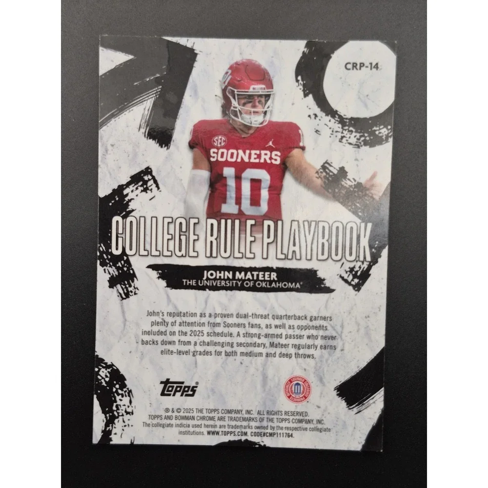 2025 Bowman U Chrome John Mateer #CRP-14 College Rule Playbook Blue /150 Sooners